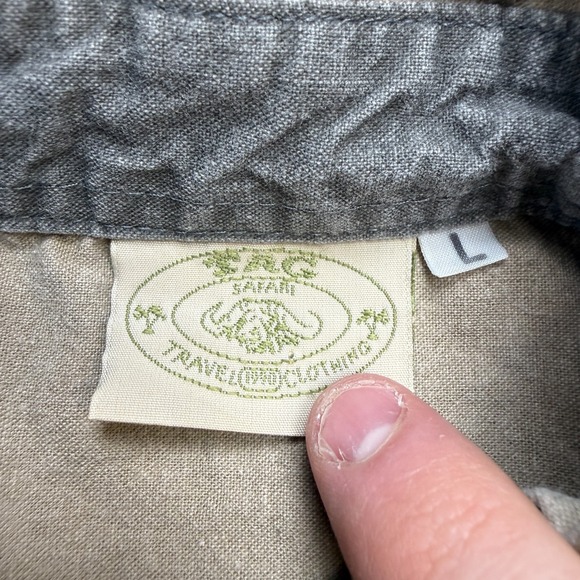 Vintage TAG Safari Shirt Mens Large Olive Khaki Colorblock Faded Travel Guide - Picture 8 of 11